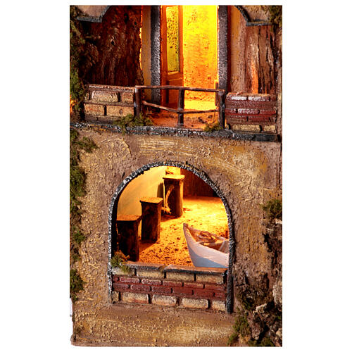 Perched village with sea, fountain and mill for 10 cm Neapolitan Nativity Scene of 18th century style, 85x65x60 cm 4