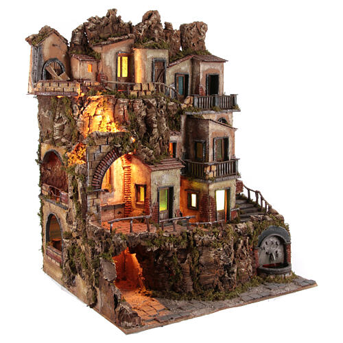 Borgo presepe 10 cm napoletano arroccato stile 700 mare fontana case mulino 85x65x60 cm 6