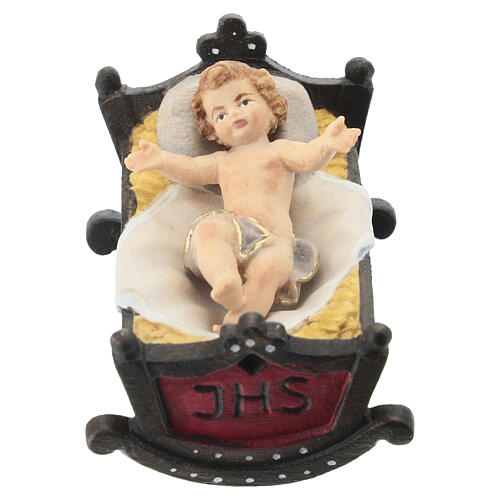 Menino Jesus com berço 12 cm madeira colorida presépio Heimatland Val Gardena 1