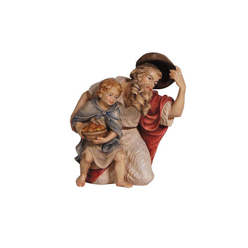 Shepherd on his knees with a child, painted wood, 9.5 cm Heimatland Nativity Scene of Val Gardena 2