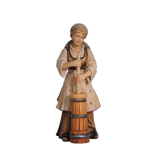 Peasant girl with a butter churn, coloured wood, 9.5 cm Heimatland Nativity Scene of Val Gardena 1