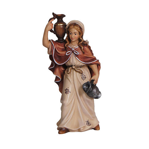 Woman with jars, coloured wood, 9.5 cm Heimatland Nativity Scene of Val Gardena 1