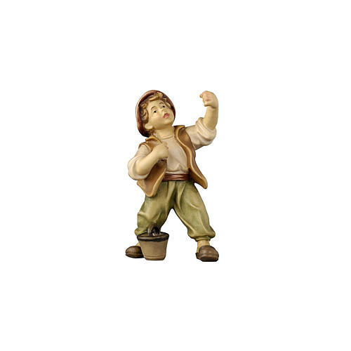 Child with bucket, painted wooden character for 12 cm Heimatland Nativity Scene of the Val Gardena 1