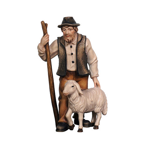 Pastor com ovelha de madeira pintada Val Gardena presépio Heimatland 9,5 cm 2