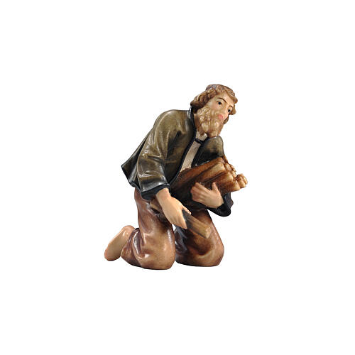 Shepherd on his knees with firewood, wooden figurine of 12 cm Heimatland Nativity Scene of the Val Gardena 1