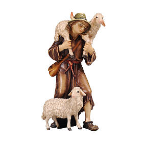 Pastor com ovelhas peça de madeira pintada para presépio Heimatland 9,5 cm Val Gardena