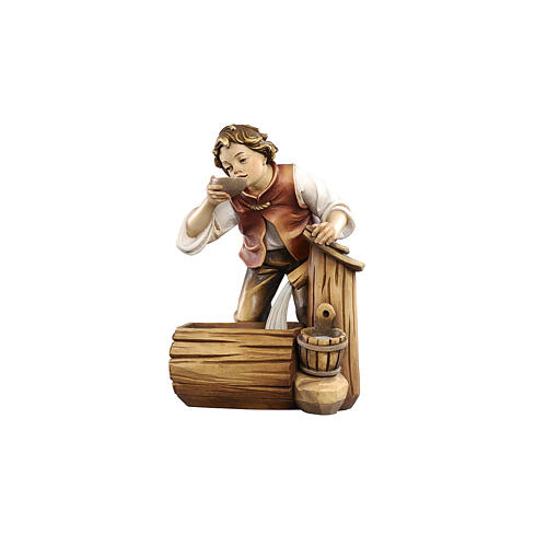 Little girl drinking from fountain 12 cm painted wooden nativity scene Heimatland Val Gardena 1