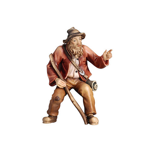 Sitting shepherd pointing, painted wooden figurine for 12 cm Heimatland Nativity Scene, Val Gardena 1