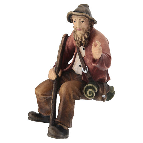Sitting shepherd pointing, painted wooden figurine for 12 cm Heimatland Nativity Scene, Val Gardena 3