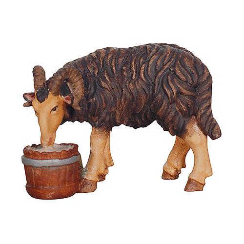 Black ram figurine with bucket for 9.5 cm Heimatland Nativity Scene, Val Gardena, painted wood 1