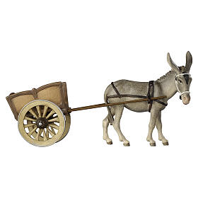 Esel mit Karren, Holz coloriert, für 12 cm Heimatland-Krippe, Grödner Kunsthandwerk