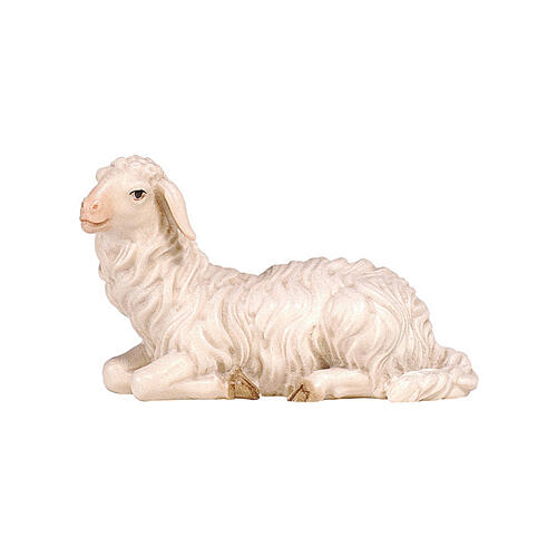 Mouton allongé tête à gauche crèche 9,5 cm bois peint Val Gardena modèle Heimatland 2