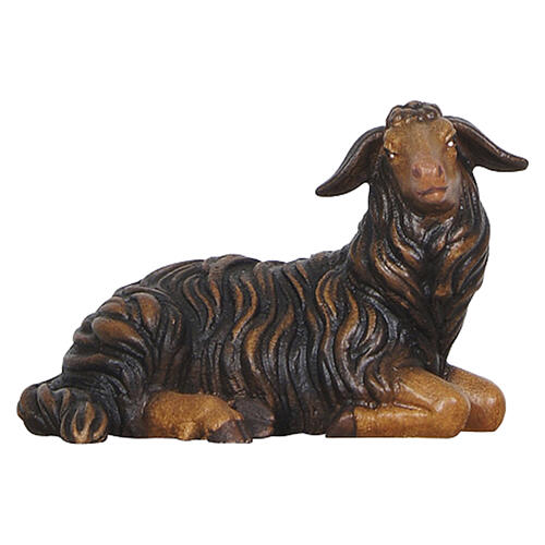 Mouton noir allongé tête à droite crèche 9,5 cm bois peint Val Gardena modèle Heimatland 1