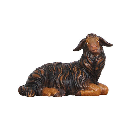 Mouton noir allongé tête vers droite statuette crèche 12 cm Heimatland bois peint Val Gardena 1