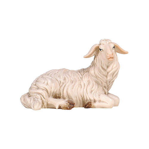 Lying sheep with head to the right, 12 cm Heimatland Nativity Scene of Val Gardena, painted wood 2