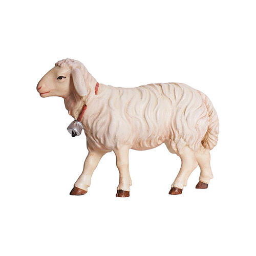 Pecora che cammina con campanella legno dipinto 9,5 cm presepe Heimatland Val Gardena 1
