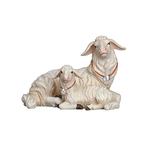 Sheep lying down with lamb, Val Gardena painted wood, Heimatland Nativity Scene of 12 cm 2