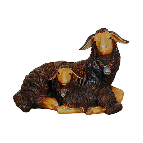 Black sheep lying down with lamb, painted wooden Heimatland Nativity Scene of 9.5 cm, Val Gardena 2