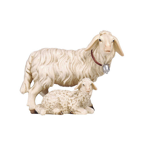 Sheep with lying lamb, painted wooden Heimatland Nativity Scene of 9.5 cm, Val Gardena 1