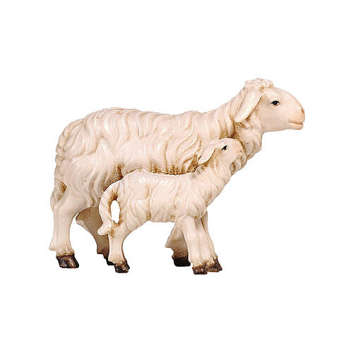 Sheep with lamb standing up, painted wooden Heimatland Nativity Scene of 9.5 cm, Val Gardena 1