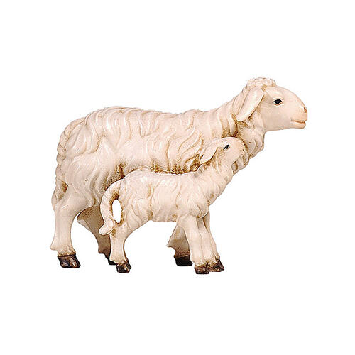 Sheep with lamb standing side by side, Val Gardena painted wood, Heimatland Nativity Scene of 12 cm 1