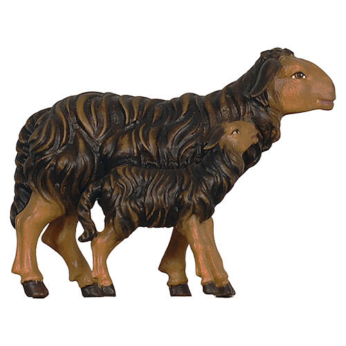 Black sheep with lamb standing, painted wooden Heimatland Nativity Scene of 9.5 cm, Val Gardena 1