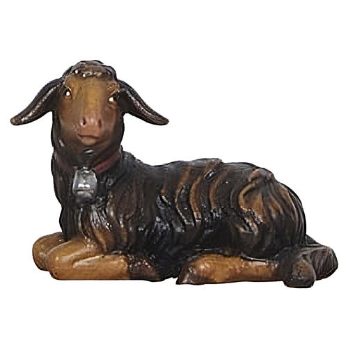 Cordero negro tumbado cabeza hacia izquierda Heimatland 12 cm belén madera pintada Val Gardena 1