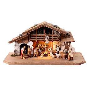 Illuminated Alpine hut with 17 painted wood characters for 9.5 cm Heimatland Nativity Scene, Val Gardena