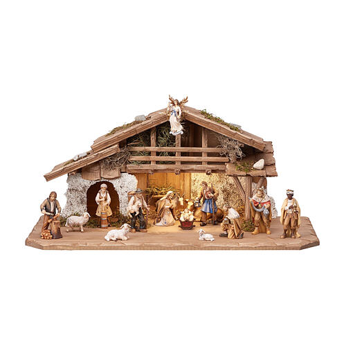 Illuminated Alpine hut with 17 painted wood characters for 9.5 cm Heimatland Nativity Scene, Val Gardena 10