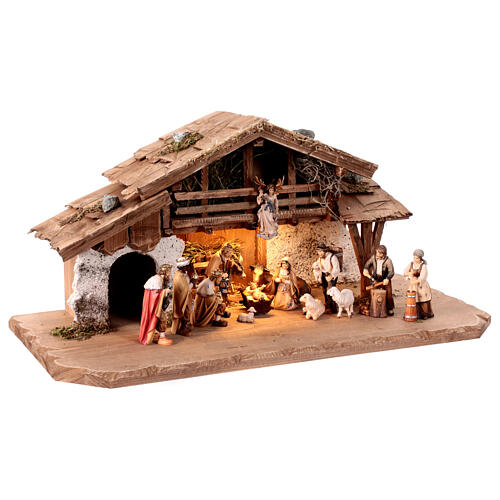 Illuminated Alpine hut with 17 painted wood characters for 9.5 cm Heimatland Nativity Scene, Val Gardena 4