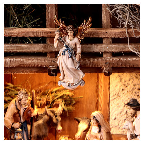 Illuminated Alpine hut with 17 painted wood characters for 9.5 cm Heimatland Nativity Scene, Val Gardena 7