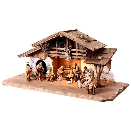 Alpine stable with lights and 17 painted wood characters for 12 cm Heimatland Nativity Scene, Val Gardena 3