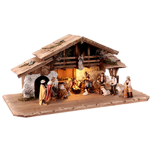 Alpine stable with lights and 17 painted wood characters for 12 cm Heimatland Nativity Scene, Val Gardena 5