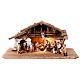 Alpine stable with lights and 17 painted wood characters for 12 cm Heimatland Nativity Scene, Val Gardena s1