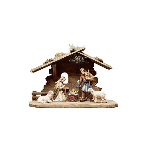 Illuminated Alpine stable with 7 painted wood characters for 9.5 cm Heimatland Nativity Scene, Val Gardena 2