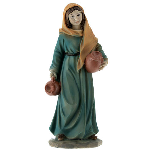 Shepherdess with jars, coloured resin, for 12 cm Nativity Scene 1