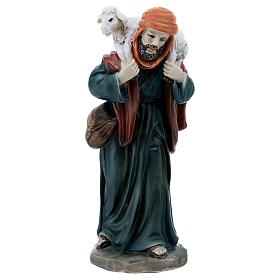 Shepherd with lamb on his shoulders, coloured resin, for 12 cm Nativity Scene