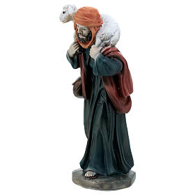 Shepherd figurine with lamb on his shoulders in colored resin, nativity scene h 12 cm