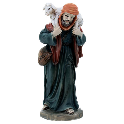 Shepherd figurine with lamb on his shoulders in colored resin, nativity scene h 12 cm 1