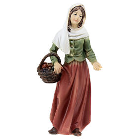 Pastorella con cesto di frutta resina colorata presepe h 12 cm