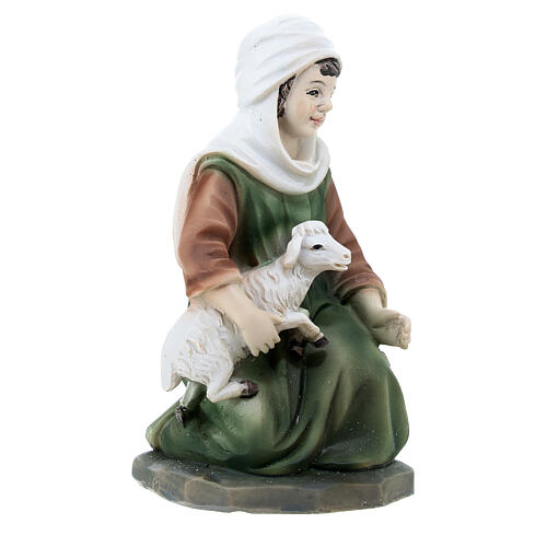 Shepherdess with lamb on her knees in colored resin, nativity scene h 12 cm 3