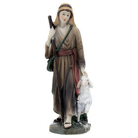 Pastore con agnello e bastone resina colorata presepe h 12 cm