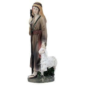 Shepherdress with lamb and staff in colored resin, nativity scene h 12 cm