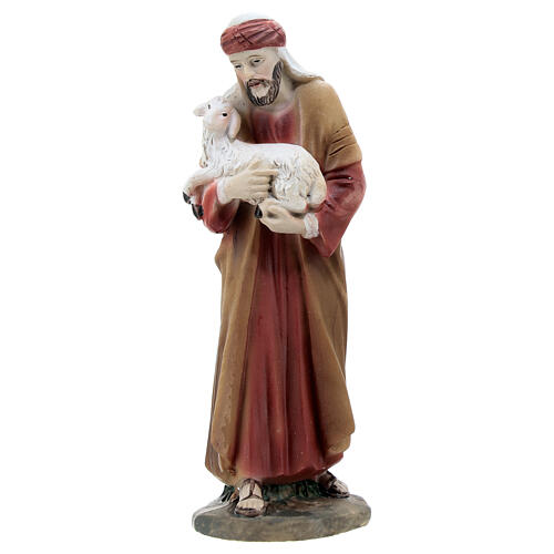 Shepherd figurine with lamb in arm in colored resin, nativity scene h 12 cm 1