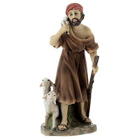 Pastore con pecore e bastone resina colorata presepe h 12 cm