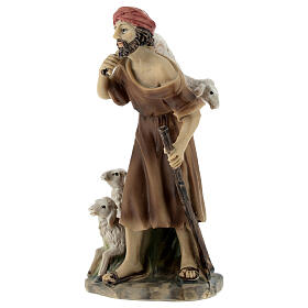 Pastore con pecore e bastone resina colorata presepe h 12 cm