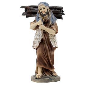 Pastore con tronchi di legno sulla schiena resina colorata presepe h 12 cm