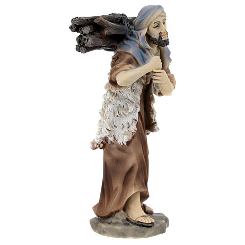 Pastore con tronchi di legno sulla schiena resina colorata presepe h 12 cm 3