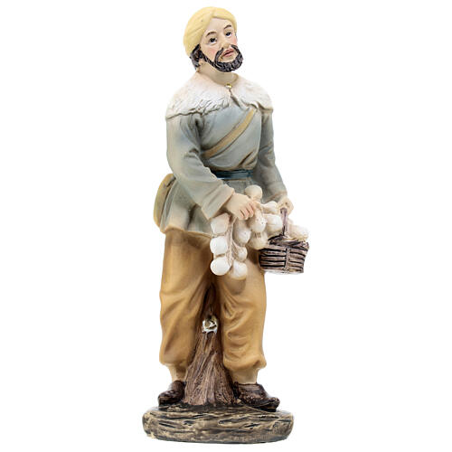 Pastore con cesto di cipolle resina colorata presepe h 15 cm 1