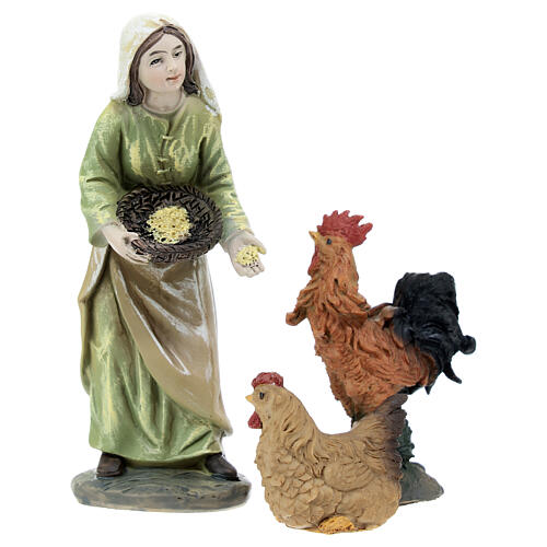 Paysanne avec coq et poule pour crèche en résine de 15 cm 1